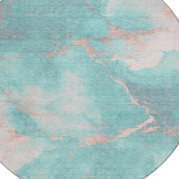 HomeRoots 8' Teal Blue Peach & Ivory Round Abstract Area Rug - Durable, Washable, Perfect for Indoor & Outdoor Spaces 621094