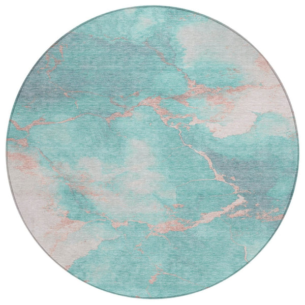 HomeRoots 8' Teal Blue Peach & Ivory Round Abstract Area Rug - Durable, Washable, Perfect for Indoor & Outdoor Spaces 621094