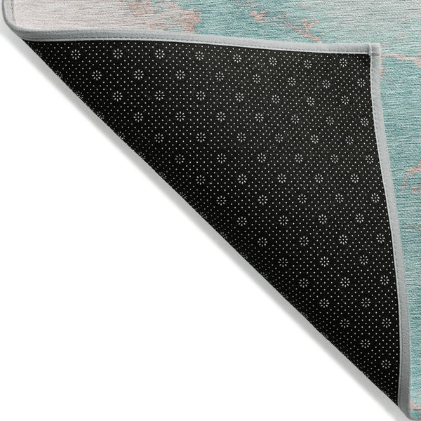 HomeRoots 8' Teal Blue Peach & Ivory Round Abstract Area Rug - Durable, Washable, Perfect for Indoor & Outdoor Spaces 621094
