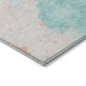 HomeRoots 8' Teal Blue Peach & Ivory Round Abstract Area Rug - Durable, Washable, Perfect for Indoor & Outdoor Spaces 621094