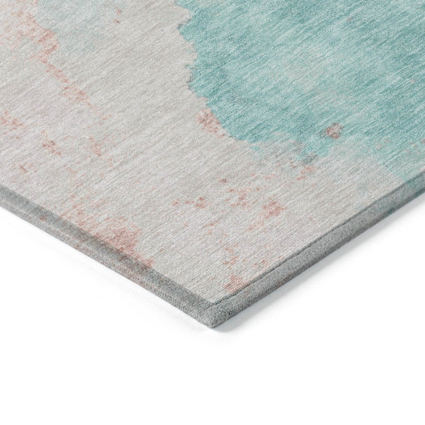 HomeRoots 8' Teal Blue Peach & Ivory Round Abstract Area Rug - Durable, Washable, Perfect for Indoor & Outdoor Spaces 621094