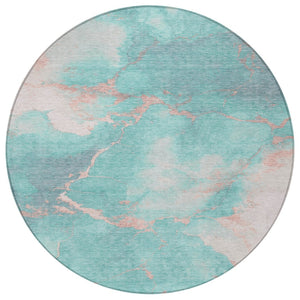 HomeRoots 8' Teal Blue Peach & Ivory Round Abstract Area Rug - Durable, Washable, Perfect for Indoor & Outdoor Spaces 621094