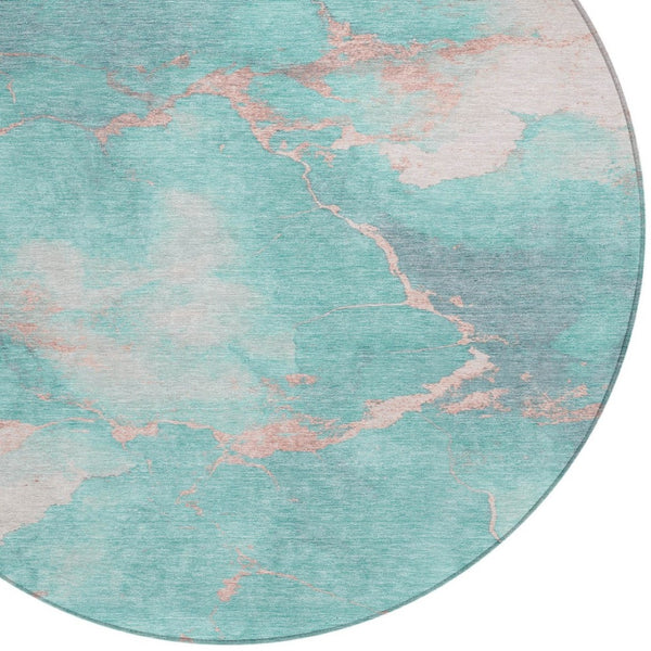 HomeRoots 8' Teal Blue Peach & Ivory Round Abstract Area Rug - Durable, Washable, Perfect for Indoor & Outdoor Spaces 621094
