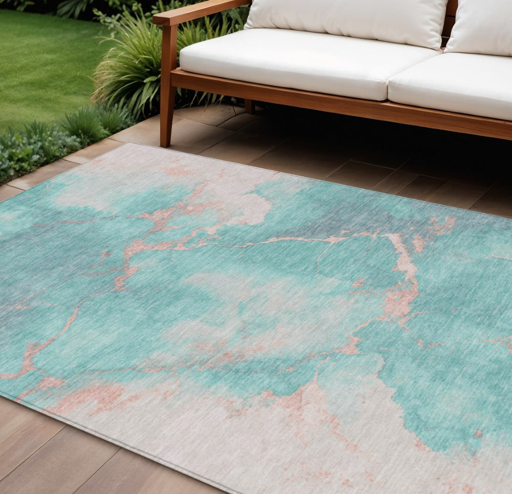 HomeRoots 9' Teal Blue Peach Ivory Abstract Rug - Washable Indoor/Outdoor Area Rug for High-Traffic Spaces 621096