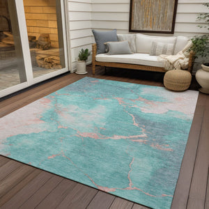 HomeRoots 10' Teal Blue Peach Ivory Abstract Area Rug - Washable, Durable, Perfect for Indoor & Outdoor Spaces 621097