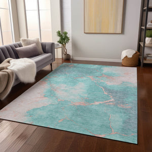 HomeRoots 10' Teal Blue Peach Ivory Abstract Area Rug - Washable, Durable, Perfect for Indoor & Outdoor Spaces 621097