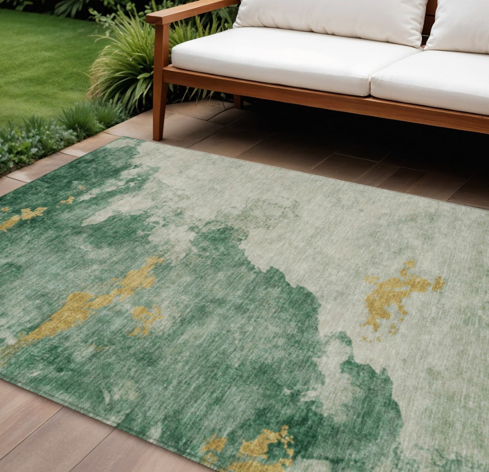HomeRoots 10' Contemporary Emerald Sage & Ivory Abstract Washable Area Rug for Indoor/Outdoor Spaces 621139