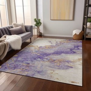 HomeRoots 5' Stylish Purple and Gold Abstract Washable Area Rug for Indoor/Outdoor Use - Durable and Chic! 621147