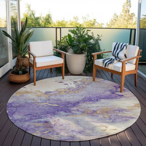 HomeRoots 8' Purple and Gold Round Abstract Area Rug - Durable, Washable, Stylish for Indoor & Outdoor Use 621148