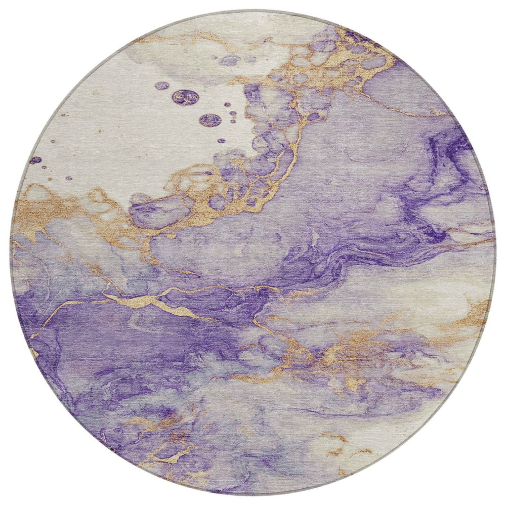 HomeRoots 8' Purple and Gold Round Abstract Area Rug - Durable, Washable, Stylish for Indoor & Outdoor Use 621148