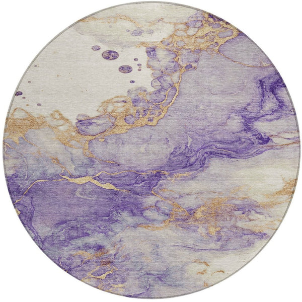 HomeRoots 8' Purple and Gold Round Abstract Area Rug - Durable, Washable, Stylish for Indoor & Outdoor Use 621148