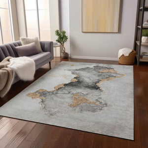 HomeRoots 5' Gray and Gold Abstract Washable Area Rug - Durable Indoor/Outdoor Design for Modern Spaces 621153