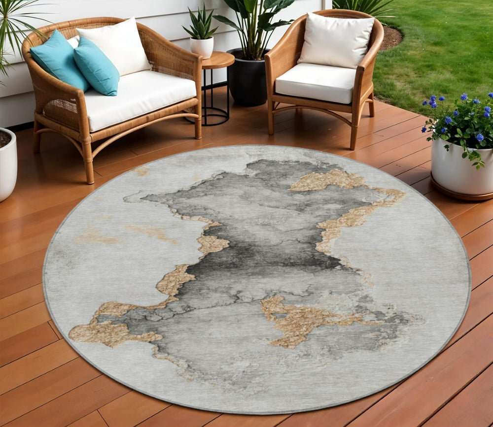 HomeRoots 8' Gray and Gold Round Abstract Rug – Durable, Washable Design for Indoor/Outdoor Living Spaces 621154