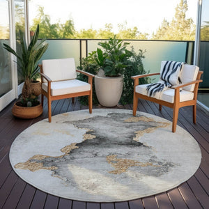 HomeRoots 8' Gray and Gold Round Abstract Rug – Durable, Washable Design for Indoor/Outdoor Living Spaces 621154