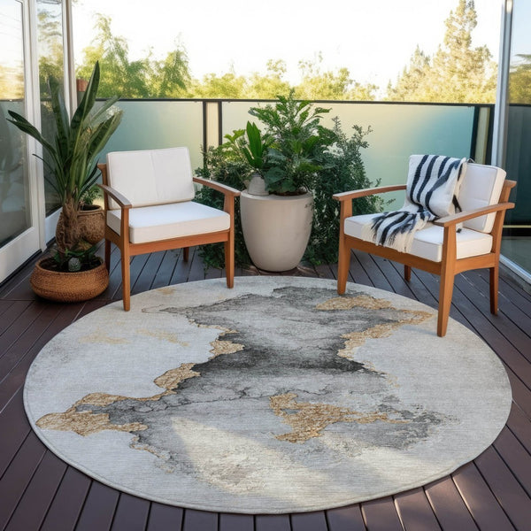 HomeRoots 8' Gray and Gold Round Abstract Rug – Durable, Washable Design for Indoor/Outdoor Living Spaces 621154