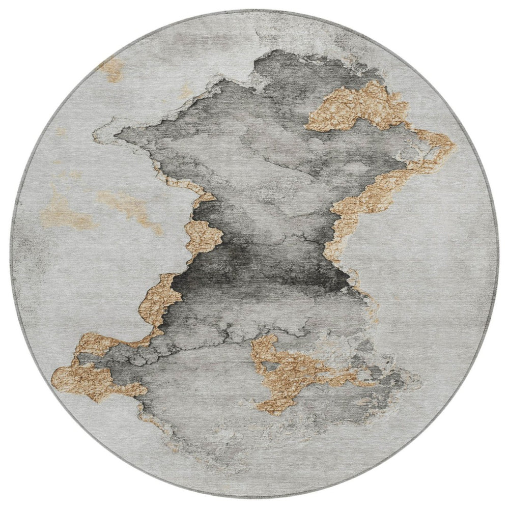 HomeRoots 8' Gray and Gold Round Abstract Rug – Durable, Washable Design for Indoor/Outdoor Living Spaces 621154