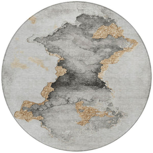 HomeRoots 8' Gray and Gold Round Abstract Rug – Durable, Washable Design for Indoor/Outdoor Living Spaces 621154