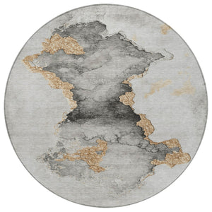 HomeRoots 8' Gray and Gold Round Abstract Rug – Durable, Washable Design for Indoor/Outdoor Living Spaces 621154