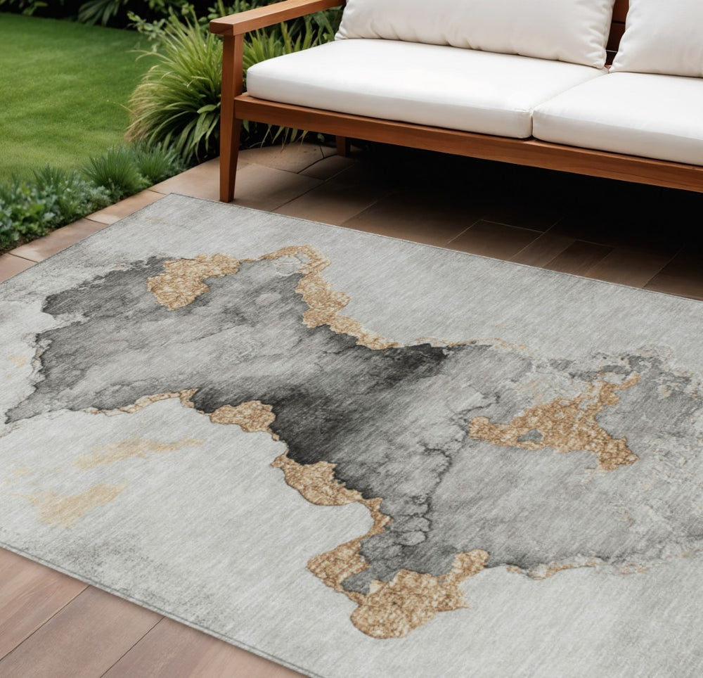 HomeRoots 8' X 10' Gray and Gold Abstract Area Rug – Stylish, Washable, Durable for Indoor & Outdoor Use 621155