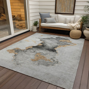 HomeRoots 8' X 10' Gray and Gold Abstract Area Rug – Stylish, Washable, Durable for Indoor & Outdoor Use 621155