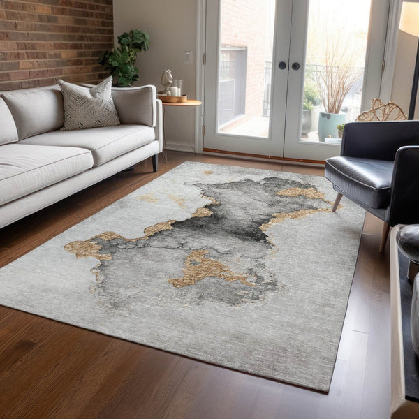 HomeRoots 8' X 10' Gray and Gold Abstract Area Rug – Stylish, Washable, Durable for Indoor & Outdoor Use 621155