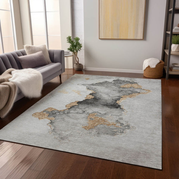 HomeRoots 9' X 12' Gray and Gold Abstract Area Rug - Stylish, Washable, Durable for Indoor and Outdoor Use 621156