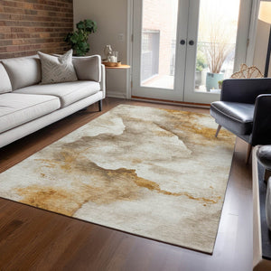 HomeRoots 5' X 8' Beige and Gold Abstract Washable Area Rug - Durable, Modern Design for Indoor & Outdoor Use 621159