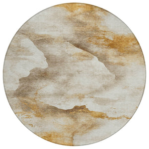 HomeRoots 8' Beige and Gold Round Area Rug - Modern Abstract Design for Indoor/Outdoor Use, Washable & Durable 621160