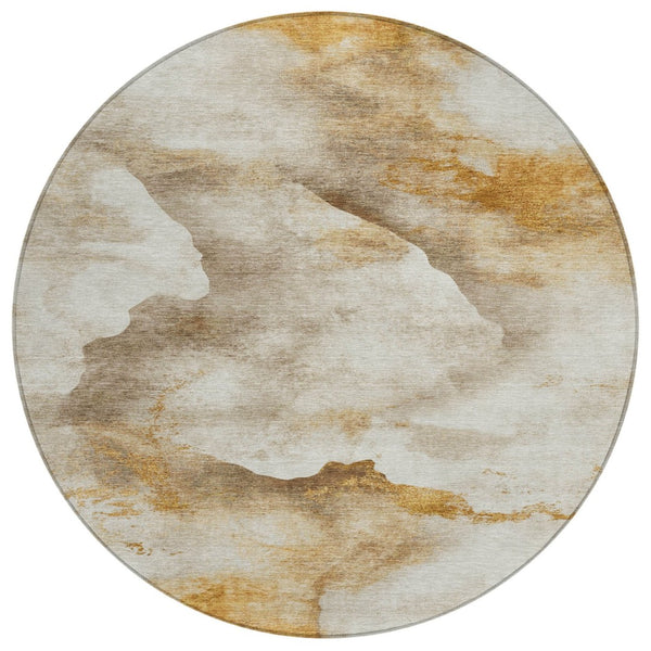 HomeRoots 8' Beige and Gold Round Area Rug - Modern Abstract Design for Indoor/Outdoor Use, Washable & Durable 621160