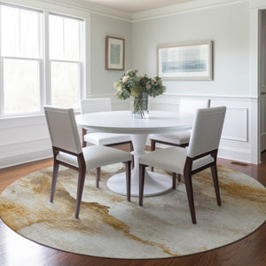 HomeRoots 8' Beige and Gold Round Area Rug - Modern Abstract Design for Indoor/Outdoor Use, Washable & Durable 621160