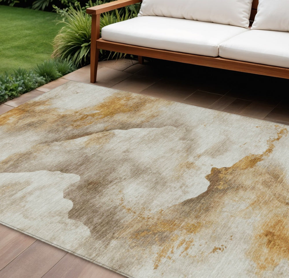 HomeRoots 8' X 10' Beige and Gold Abstract Washable Area Rug – Stylish, Durable for Indoor & Outdoor Use! 621161