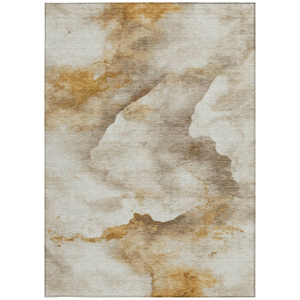 HomeRoots 9' X 12' Beige and Gold Abstract Rug - Stylish Washable Indoor/Outdoor Mat for High Traffic Areas 621162