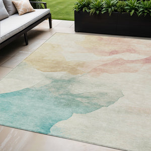 HomeRoots 5' X 8' Washable Indoor Outdoor Area Rug - Modern Abstract Design in Pearl Ivory, Beige & Teal Blue 621167