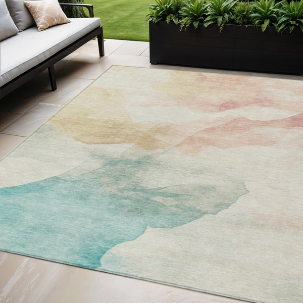 HomeRoots 5' X 8' Washable Indoor Outdoor Area Rug - Modern Abstract Design in Pearl Ivory, Beige & Teal Blue 621167