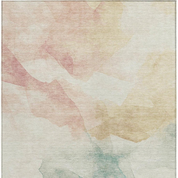 HomeRoots 5' X 8' Washable Indoor Outdoor Area Rug - Modern Abstract Design in Pearl Ivory, Beige & Teal Blue 621167
