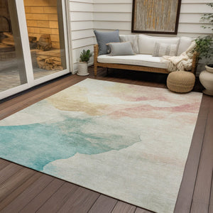 HomeRoots 5' X 8' Washable Indoor Outdoor Area Rug - Modern Abstract Design in Pearl Ivory, Beige & Teal Blue 621167