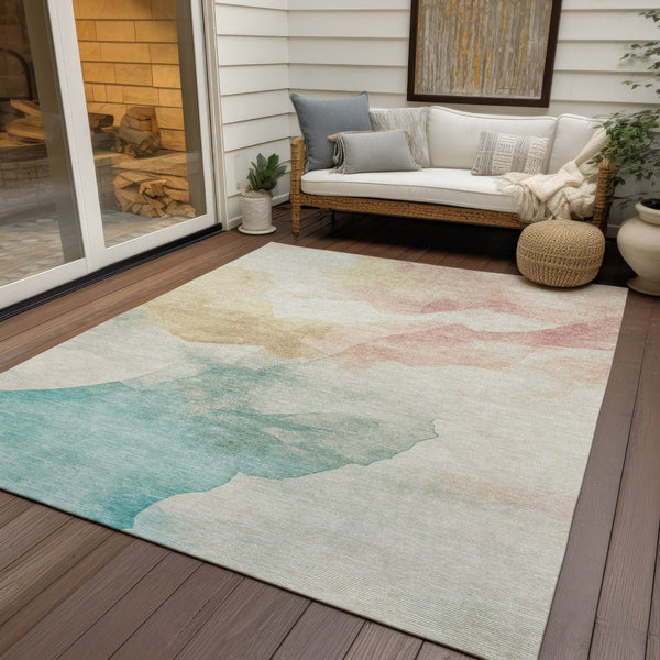 HomeRoots 5' X 8' Washable Indoor Outdoor Area Rug - Modern Abstract Design in Pearl Ivory, Beige & Teal Blue 621167