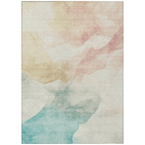 HomeRoots 5' X 8' Washable Indoor Outdoor Area Rug - Modern Abstract Design in Pearl Ivory, Beige & Teal Blue 621167