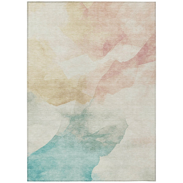 HomeRoots 5' X 8' Washable Indoor Outdoor Area Rug - Modern Abstract Design in Pearl Ivory, Beige & Teal Blue 621167