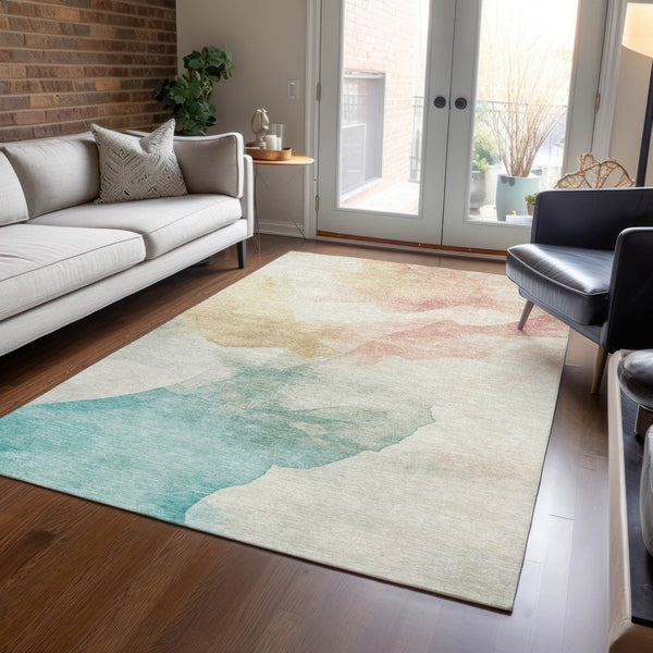 HomeRoots 5' X 8' Washable Indoor Outdoor Area Rug - Modern Abstract Design in Pearl Ivory, Beige & Teal Blue 621167