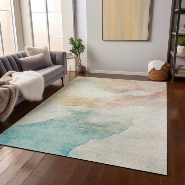 HomeRoots 5' X 8' Washable Indoor Outdoor Area Rug - Modern Abstract Design in Pearl Ivory, Beige & Teal Blue 621167