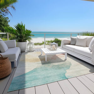 HomeRoots 5' X 8' Washable Indoor Outdoor Area Rug - Modern Abstract Design in Pearl Ivory, Beige & Teal Blue 621167