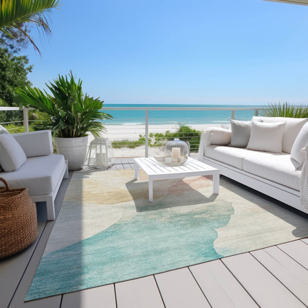 HomeRoots 5' X 8' Washable Indoor Outdoor Area Rug - Modern Abstract Design in Pearl Ivory, Beige & Teal Blue 621167