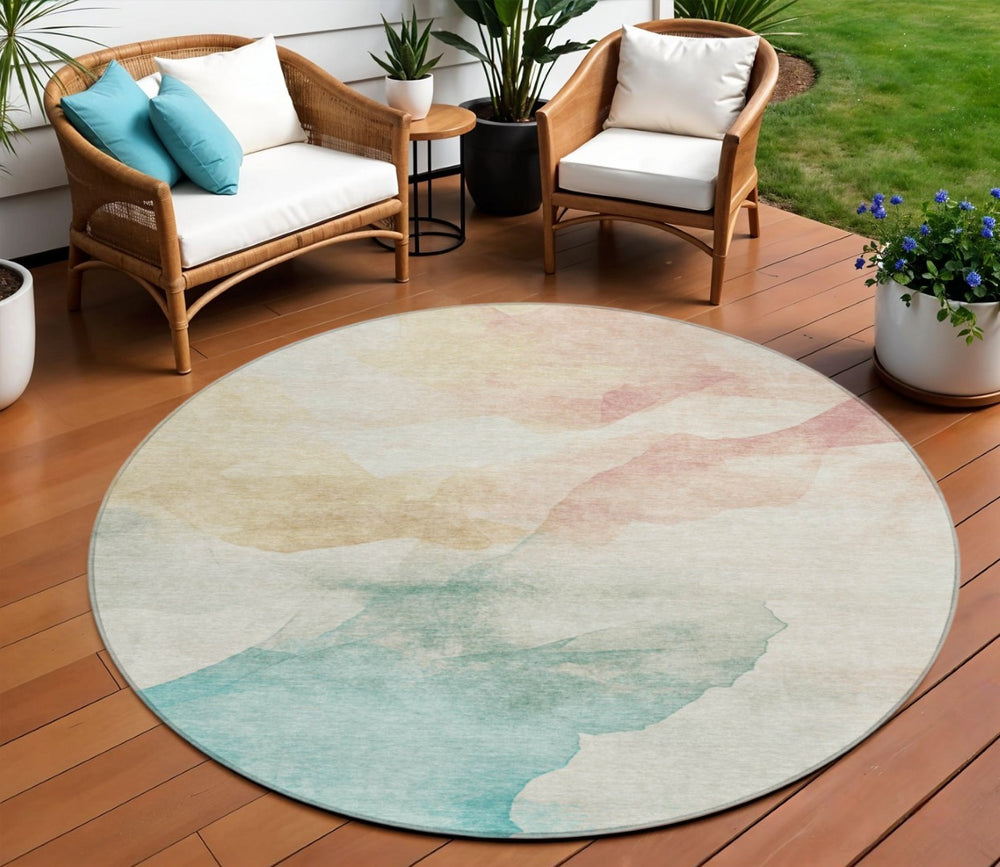 HomeRoots 8' Round Abstract Washable Area Rug in Pearl Ivory Beige & Teal Blue – Perfect for Indoor/Outdoor Use! 621168