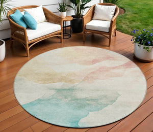 HomeRoots 8' Round Abstract Washable Area Rug in Pearl Ivory Beige & Teal Blue – Perfect for Indoor/Outdoor Use! 621168