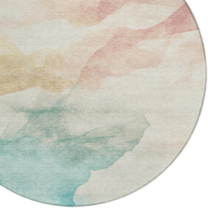 HomeRoots 8' Round Abstract Washable Area Rug in Pearl Ivory Beige & Teal Blue – Perfect for Indoor/Outdoor Use! 621168
