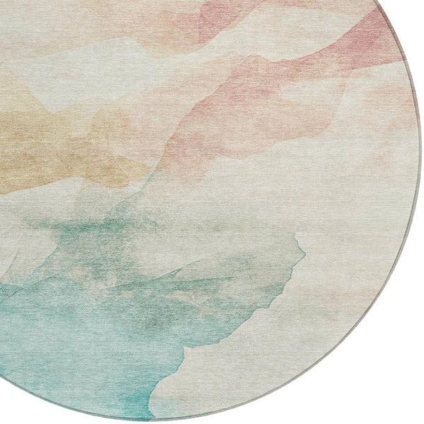HomeRoots 8' Round Abstract Washable Area Rug in Pearl Ivory Beige & Teal Blue – Perfect for Indoor/Outdoor Use! 621168