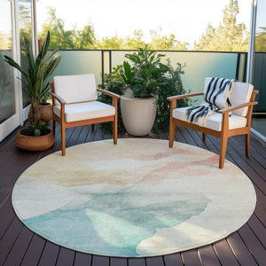 HomeRoots 8' Round Abstract Washable Area Rug in Pearl Ivory Beige & Teal Blue – Perfect for Indoor/Outdoor Use! 621168