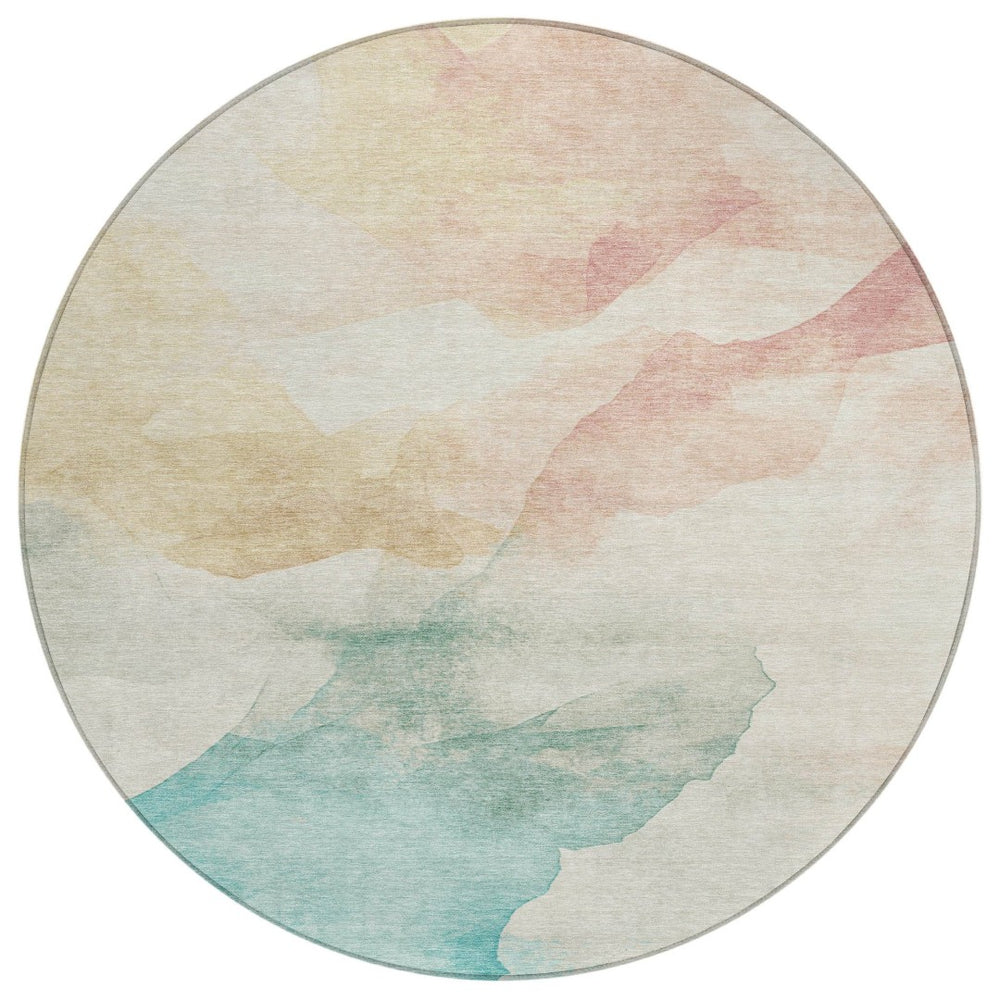 HomeRoots 8' Round Abstract Washable Area Rug in Pearl Ivory Beige & Teal Blue – Perfect for Indoor/Outdoor Use! 621168