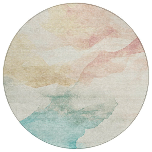 HomeRoots 8' Round Abstract Washable Area Rug in Pearl Ivory Beige & Teal Blue – Perfect for Indoor/Outdoor Use! 621168